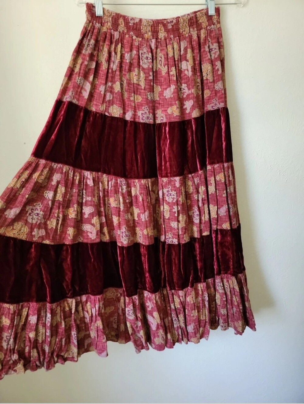 Vintage Tiered Velvet and Floral Maxi Skirt - Burgundy Pink Boho Hippie Western